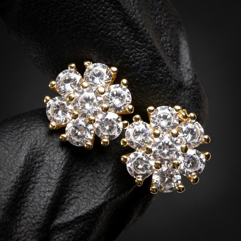 Gold Plated 925 Sterling Silver Round Flower Set Iced Cz Cluster Stud Earrings